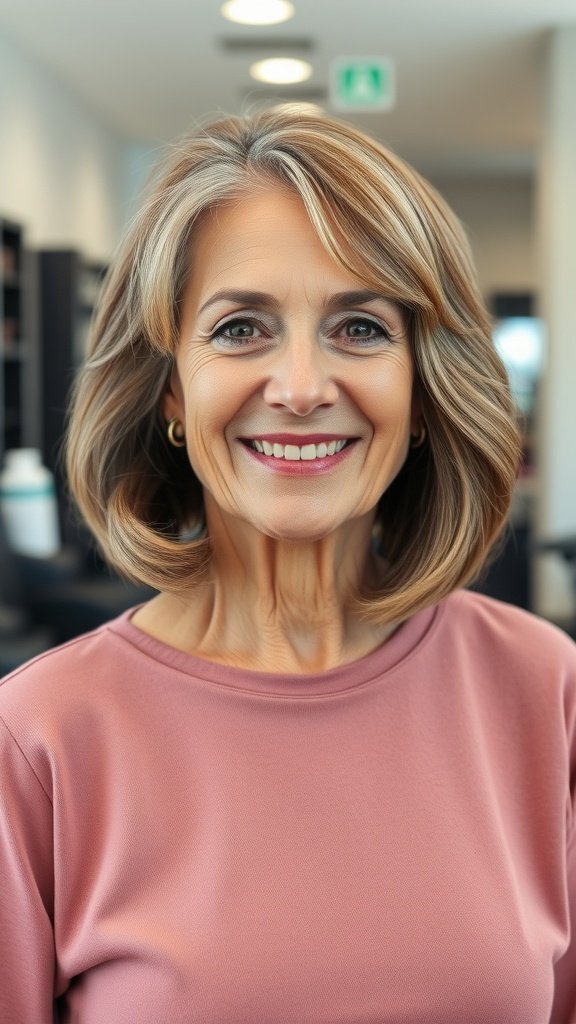 A woman with a chin-length bob hairstyle featuring flipped-out ends, smiling in a casual setting.