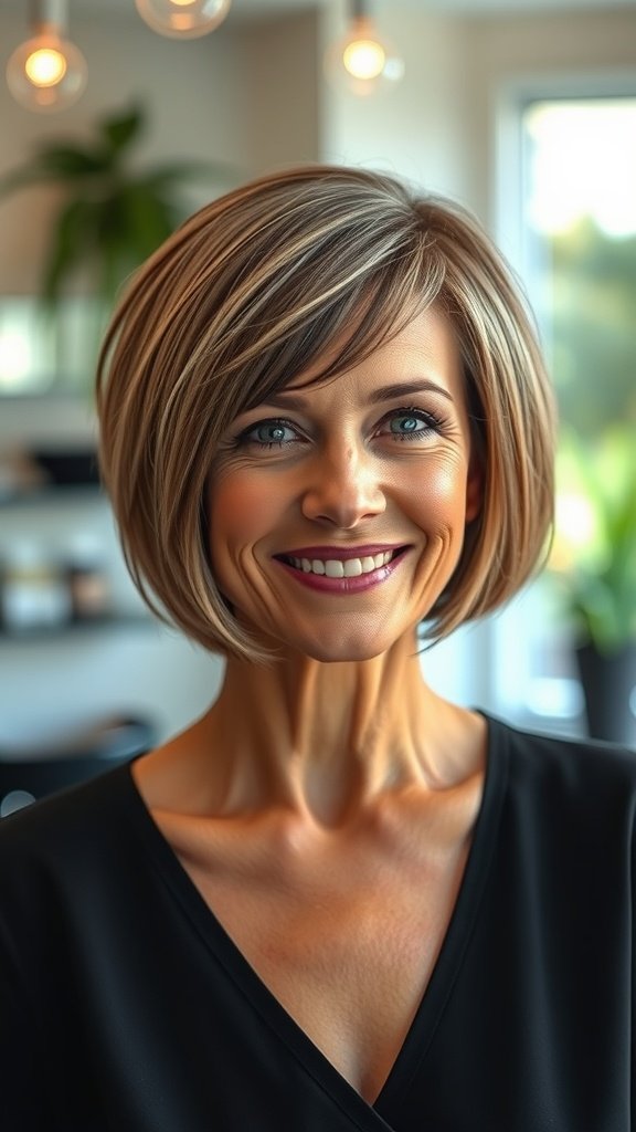 A woman with a chin-length bob hairstyle and side bangs, smiling confidently.