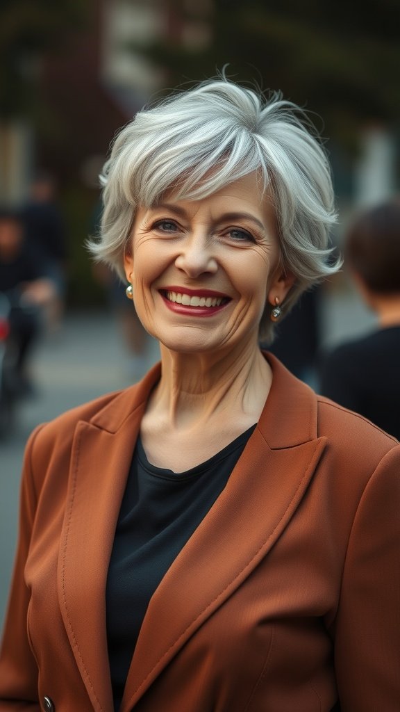A woman over 60 with a choppy cut and jagged bangs, smiling confidently.