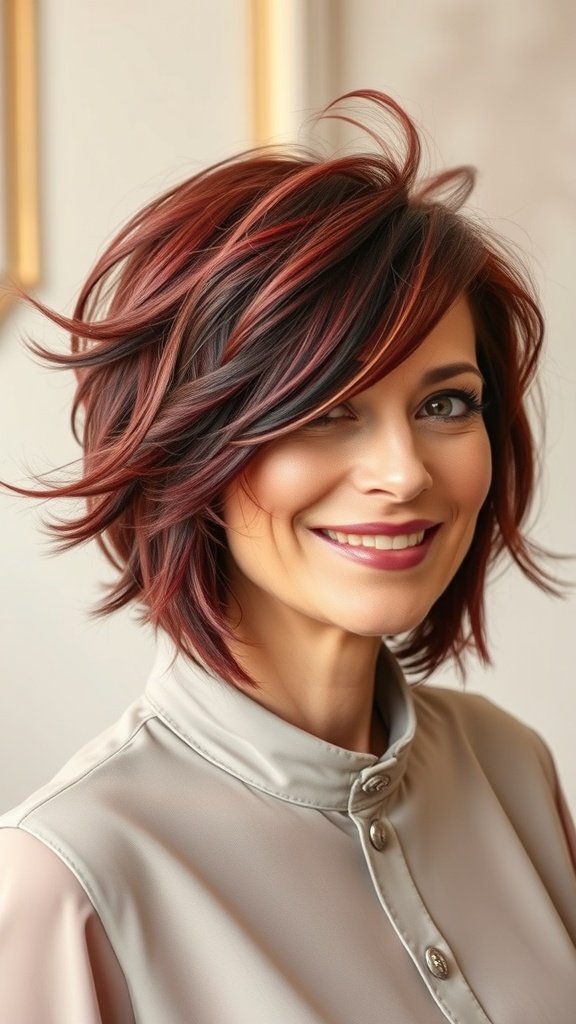 A woman with a choppy layered cut featuring feathered ends, showcasing vibrant hair colors.