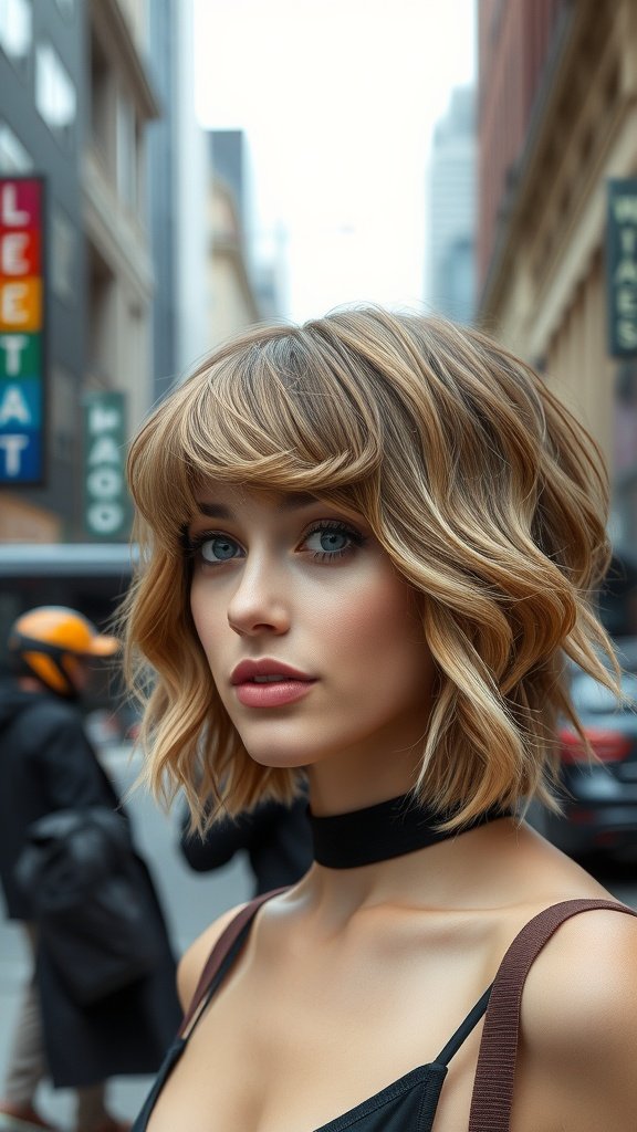 A woman with a choppy wavy bob hairstyle and fringe, standing in an urban setting.