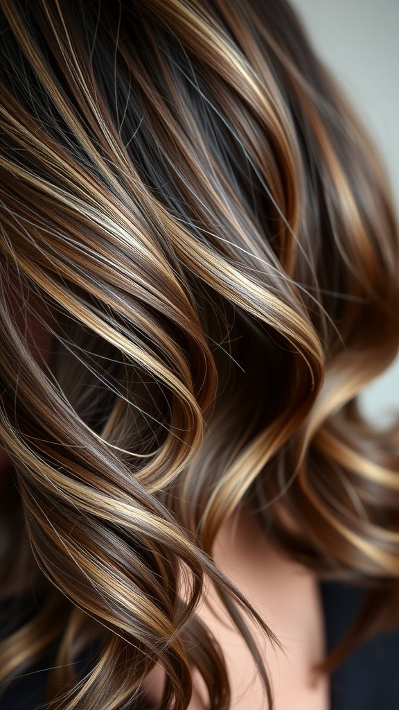 Dark brown hair with chunky platinum highlights styled in soft curls