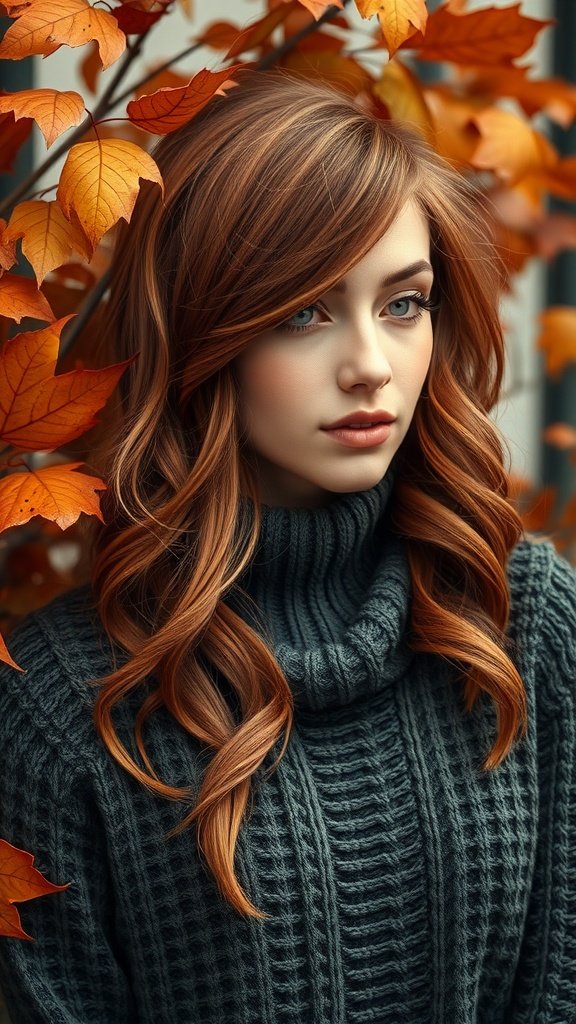 A woman with Cider and Spice Mix hair color, surrounded by autumn leaves, wearing a cozy sweater.
