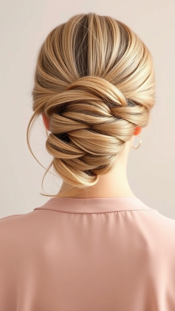 A classic French twist updo hairstyle, showcasing smooth twisted sections of hair elegantly pinned at the back.
