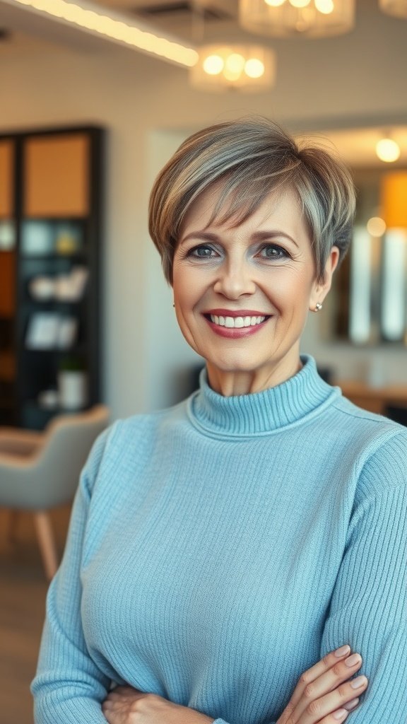 A woman with a contemporary undercut pixie hairstyle and long bangs, smiling confidently.