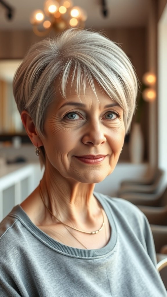 A woman with a contemporary undercut pixie hairstyle featuring long bangs, showcasing a stylish and modern look.