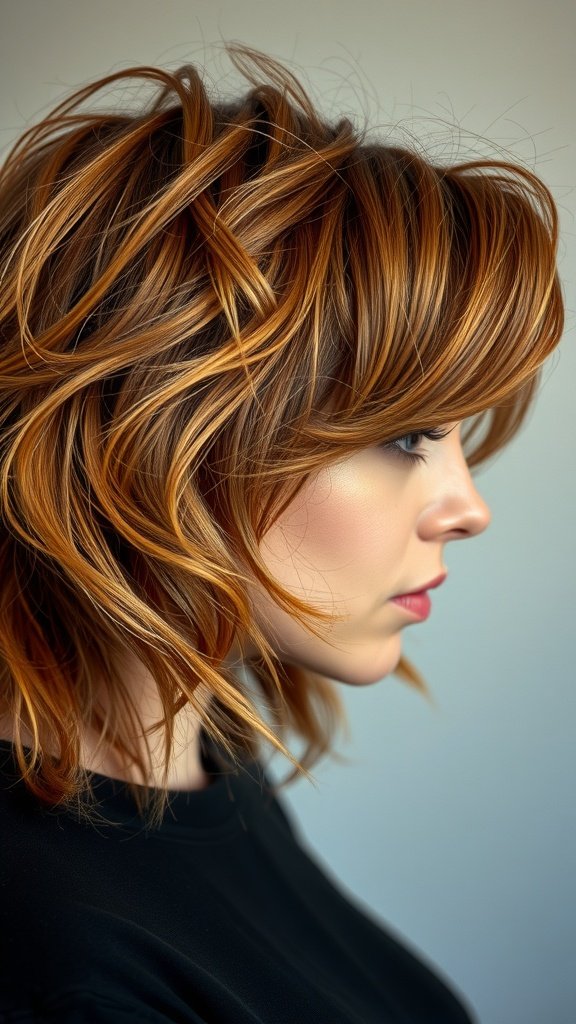 A profile view of a woman with a copper-toned shag haircut featuring messy waves.