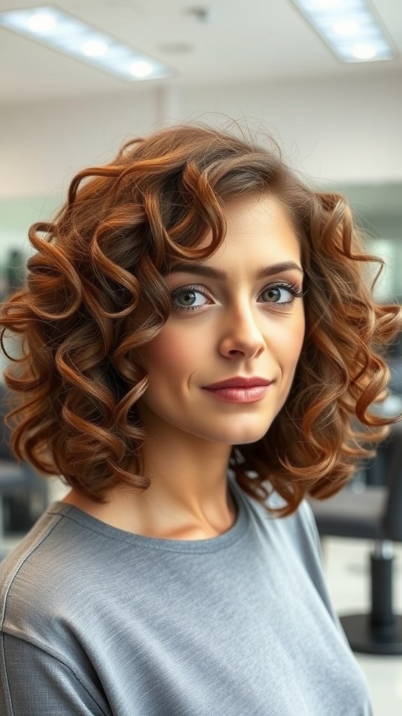 A woman with a curly bob hairstyle featuring face-framing layers.