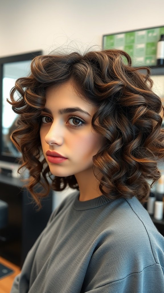 A young woman with curly mid-length hair styled with layers, showcasing a vibrant and voluminous look.