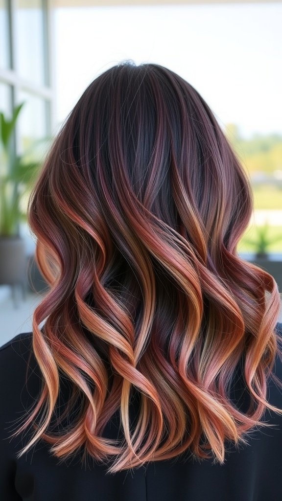 Hair styled in dark berry to rose quartz fade with waves