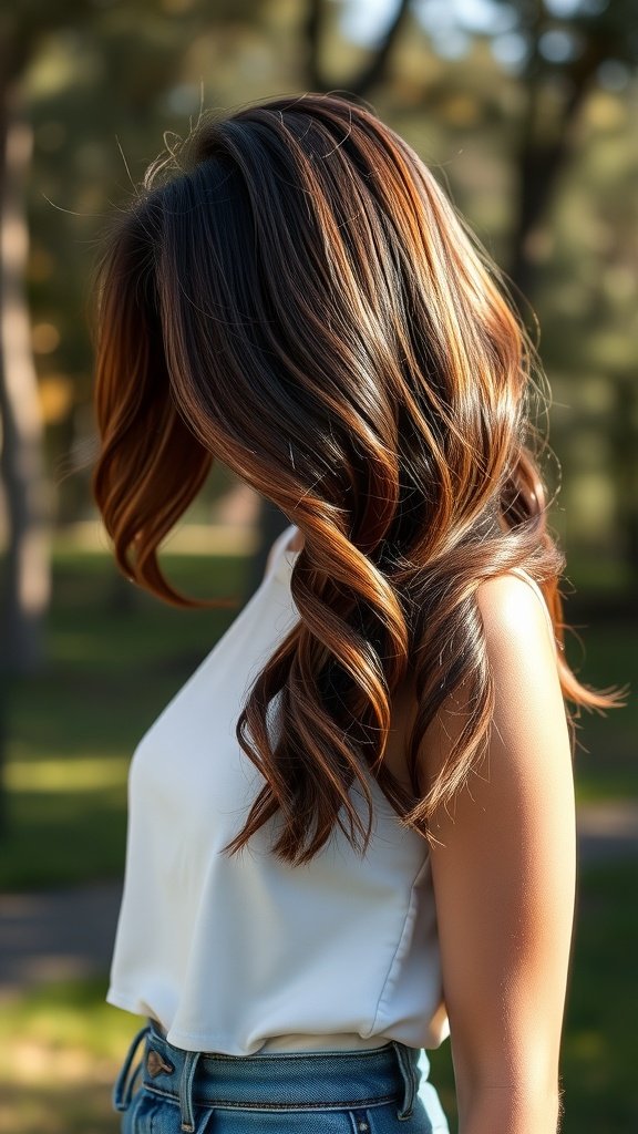A woman with dark brown hair featuring chunky caramel balayage, styled in soft waves.