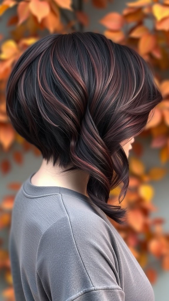 Short hair styled in deep maroon waves with a soft texture