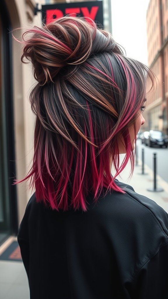 A woman with an edgy long shag haircut featuring a dramatic undercut and vibrant pink highlights.