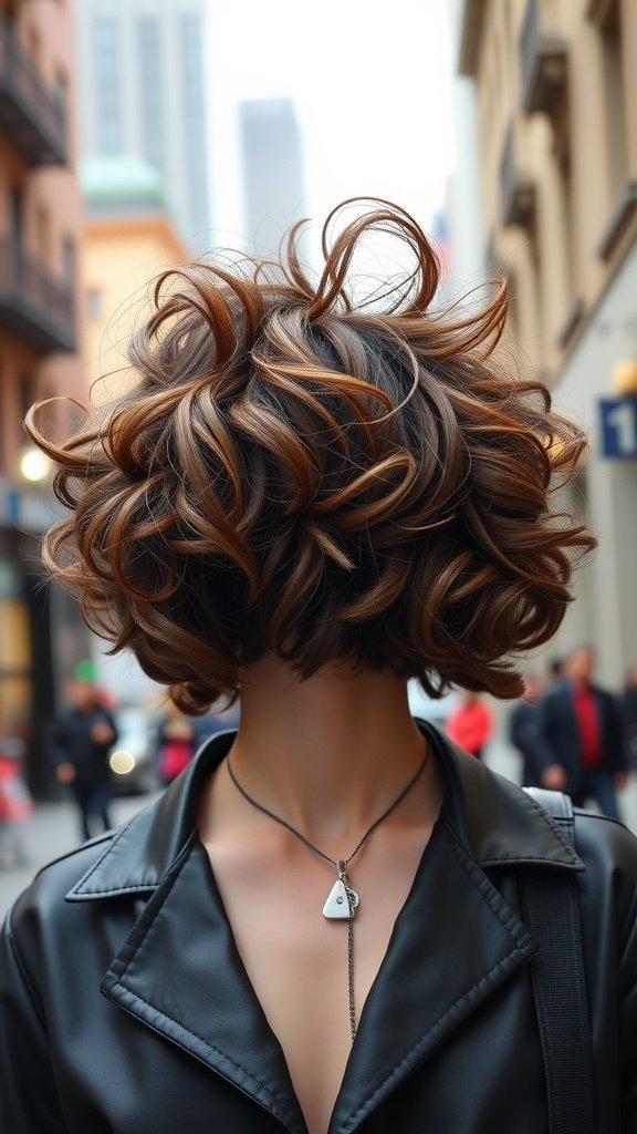 A stylish short stacked bob with an edgy perm, showcasing bouncy curls and layered texture.