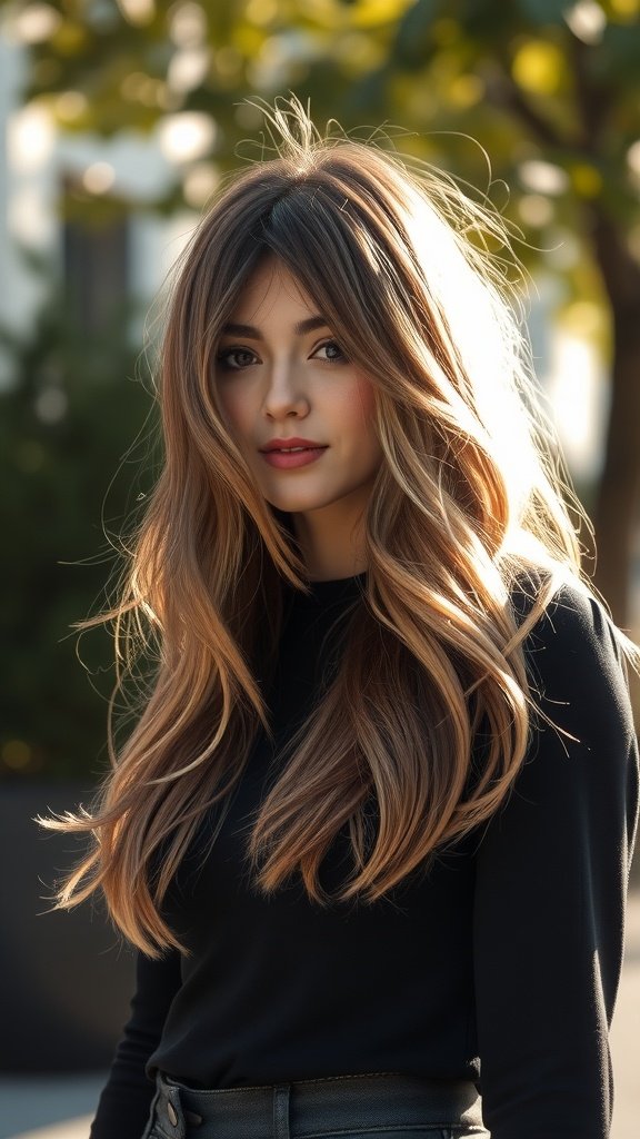 A woman with long, feathered layers and subtle face-framing bangs, showcasing a stylish haircut.
