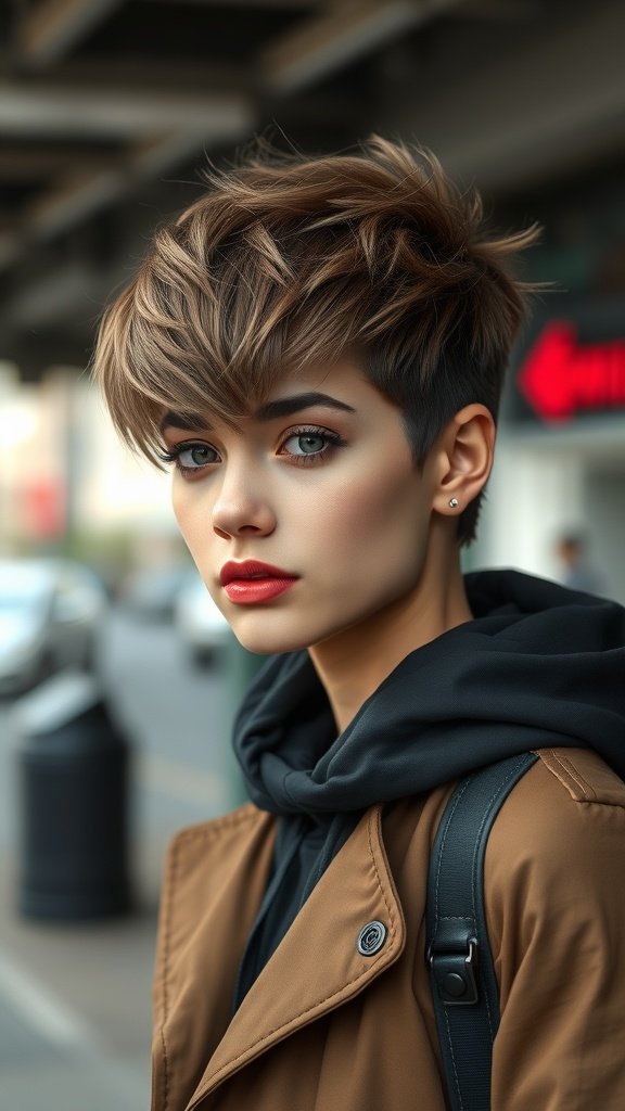 A young person with a fluffy wolf cut hairstyle, featuring tousled layers and an undercut, looking stylish in a brown coat and black hoodie.