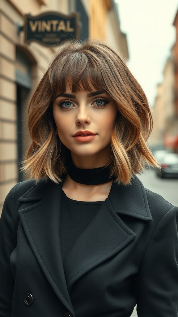 A woman with a French bob hairstyle and baby bangs, wearing a black coat, standing on a city street.