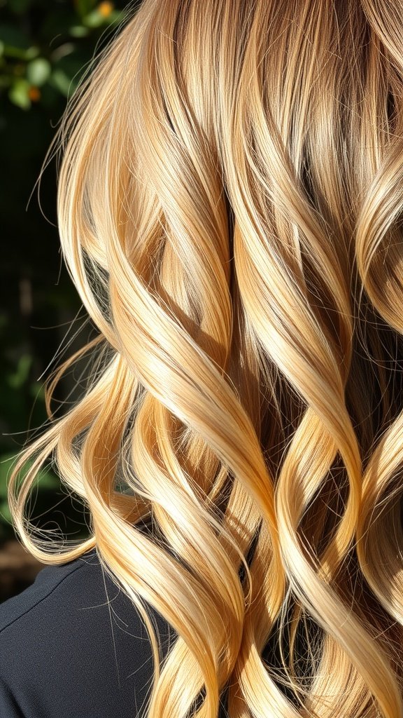 Golden ash blonde hair styled in soft waves