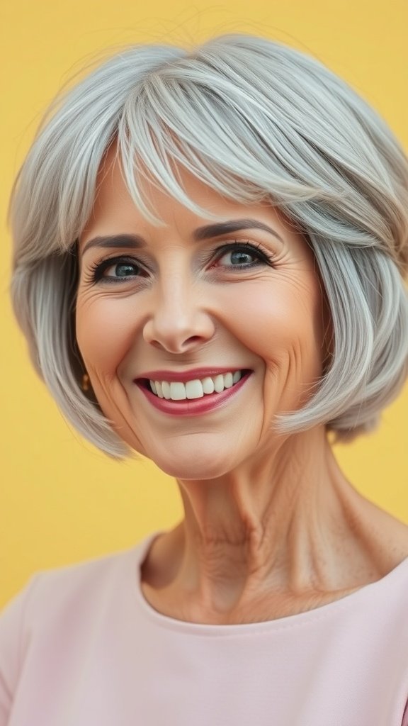 A woman with a gray bob hairstyle and wispy bangs, smiling against a yellow background.