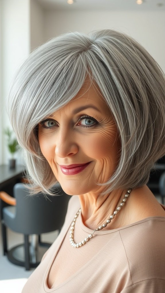 A woman over 70 with a gray voluminous bob hairstyle, featuring a side sweep, smiling confidently.