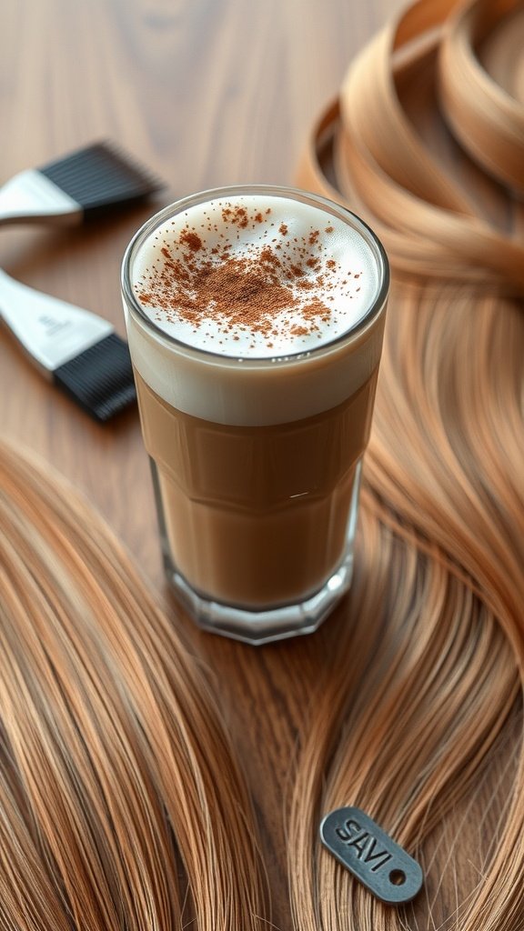 A glass of iced latte beside strands of light brown hair, showcasing a warm and inviting color palette.