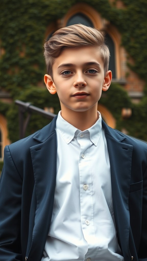 A young boy with an Ivy League haircut, wearing a blazer and shirt, standing in front of a green ivy-covered wall.