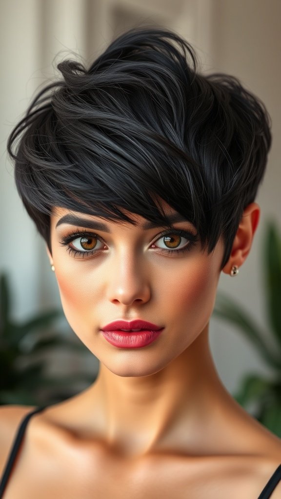 A woman with a jet-black pixie haircut featuring feathered layers, showcasing a confident look.