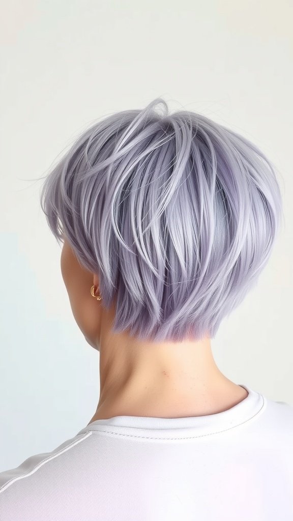 Short pixie haircut with lavender hues, showcasing layers and texture.