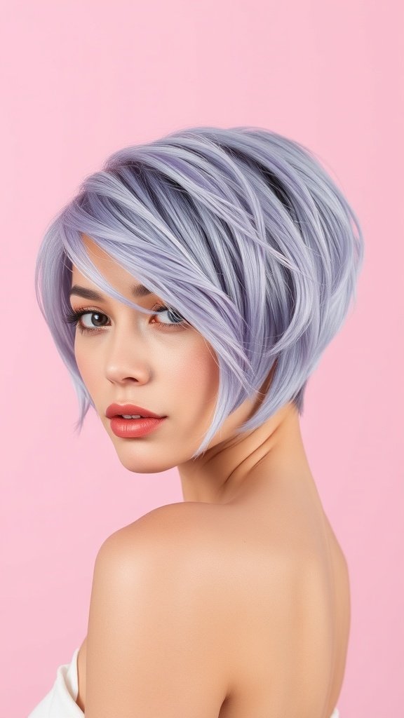 A woman with a short pixie haircut dyed in lavender hues, showcasing a stylish and modern look against a pink background.