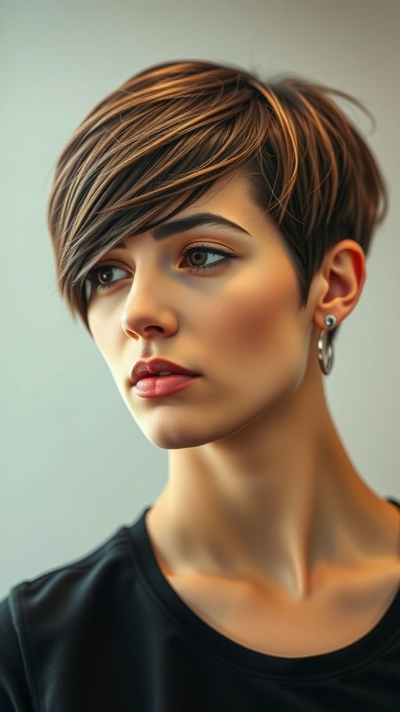 A close-up of a woman with a layered pixie haircut featuring sideburn details, showcasing a stylish and modern look.