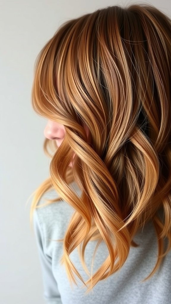 A hairstyle featuring light auburn color on a brown base, styled in soft waves.