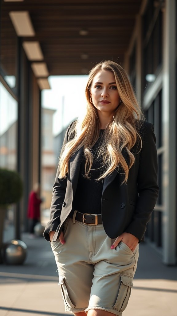 A woman with long blonde layers and dark chocolate roots, wearing a black blazer and beige shorts, standing confidently in a modern setting.