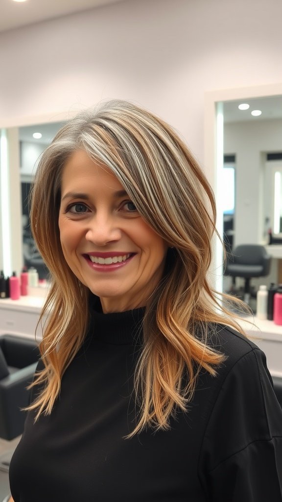 A woman with long choppy layers and side-swept bangs, smiling in a salon.