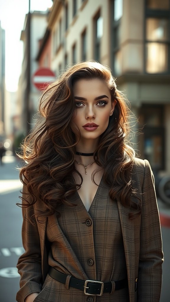 A woman with long retro curls wearing a stylish outfit, standing on a city street.
