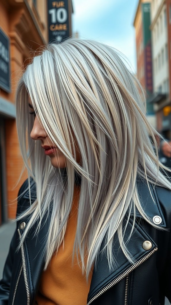 A woman with long shag haircut featuring platinum blonde streaks, wearing a leather jacket.
