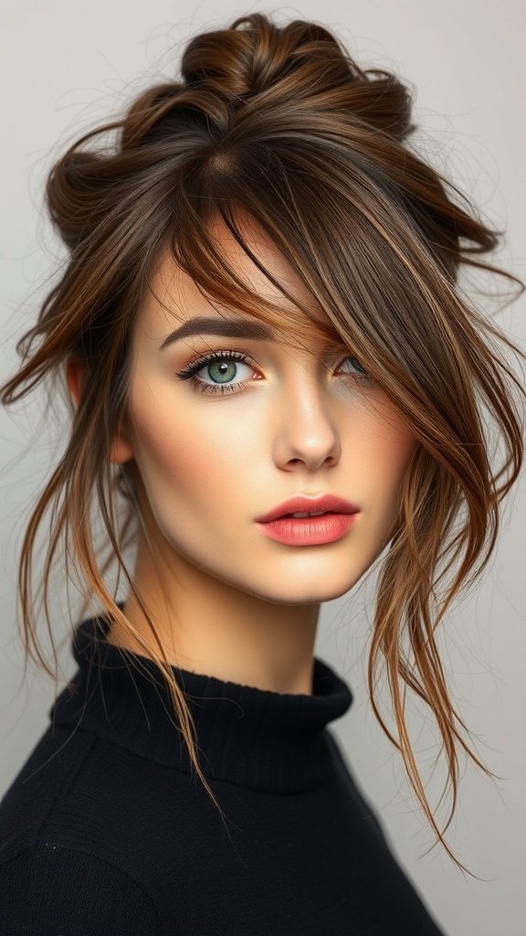 A woman with a messy updo hairstyle and soft bangs, showcasing a relaxed and chic look.