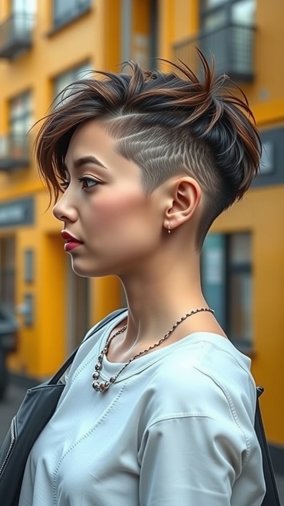 A woman with a micro bob hairstyle featuring undercut detailing, showcasing a modern and edgy look.