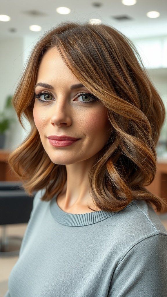A woman with a mid-length hairstyle featuring a deep side part, showcasing soft waves and a polished appearance.