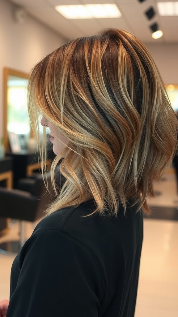 A woman with mid-length hair styled in gradual layers, showcasing volume and movement.