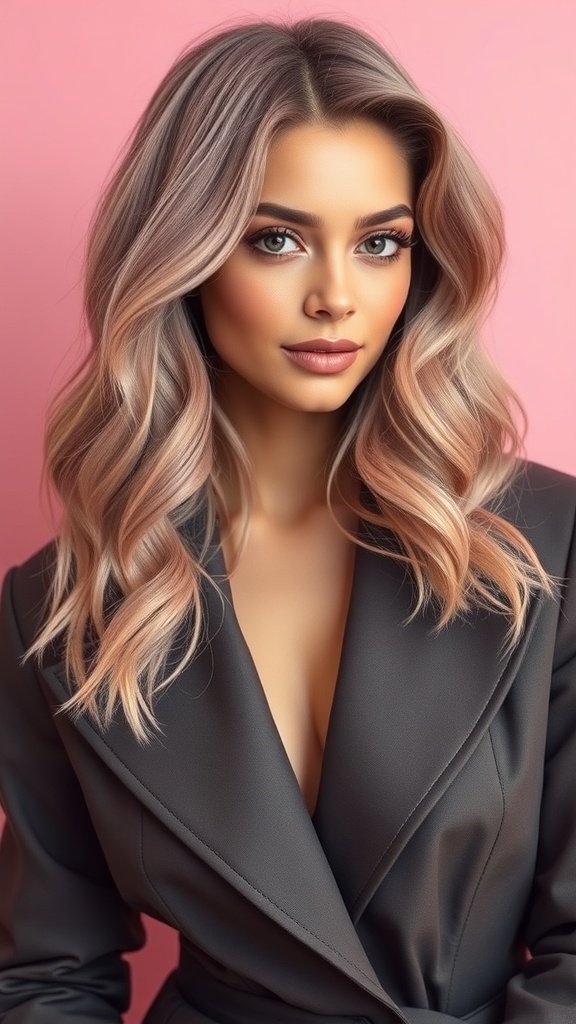 A woman with muted rose-toned hair styled in soft waves, wearing a black blazer against a pink background.