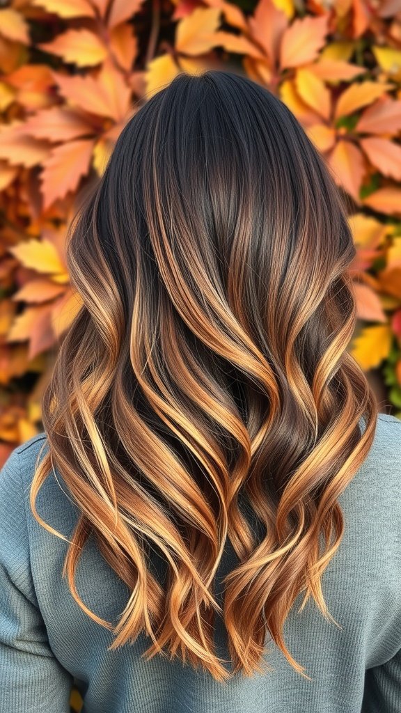 A woman with wavy hair featuring a blend of mahogany and caramel balayage, set against a backdrop of autumn leaves.