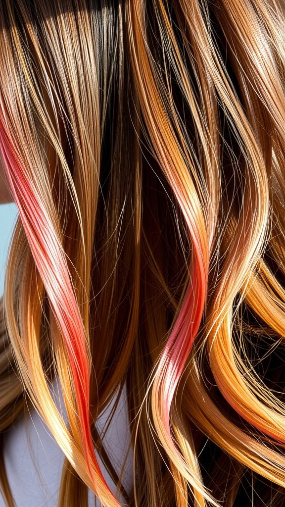 Natural brown hair with strawberry blonde highlights styled in soft waves