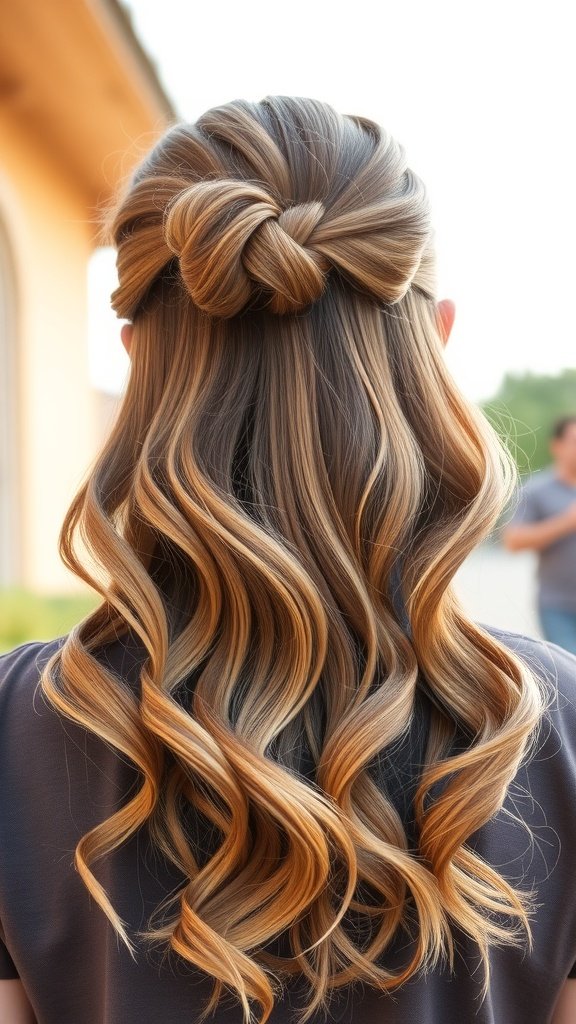 A woman with medium-length hair styled in a casual half-up bun featuring natural highlights and soft waves.