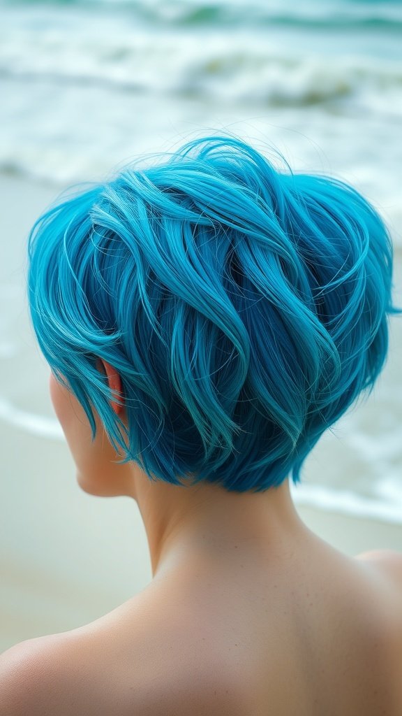 A person with an ocean blue bixie haircut, showing soft waves and a vibrant color against a beach backdrop.