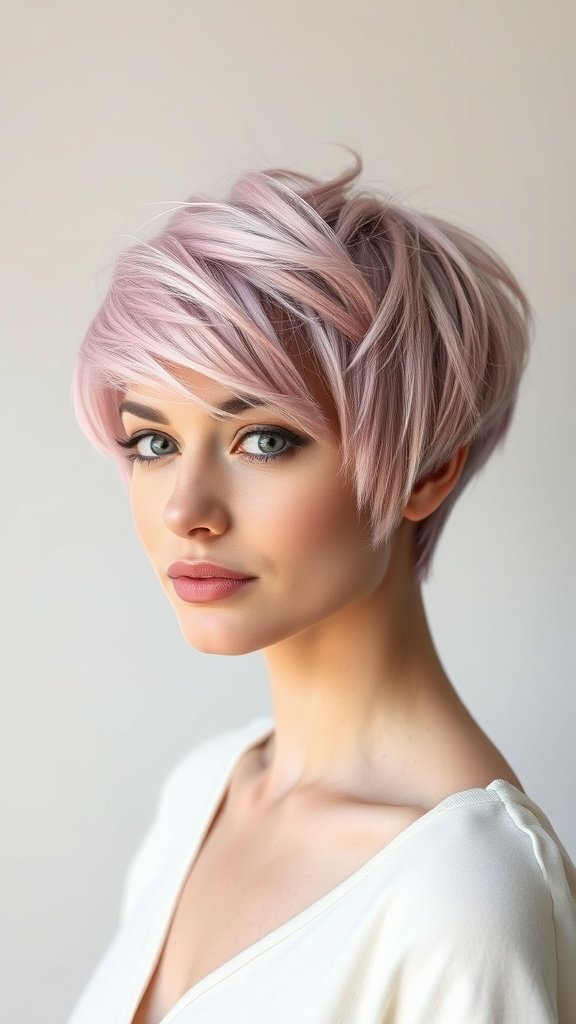 A woman with a pastel pink balayage pixie cut, showcasing a trendy and fresh hairstyle.