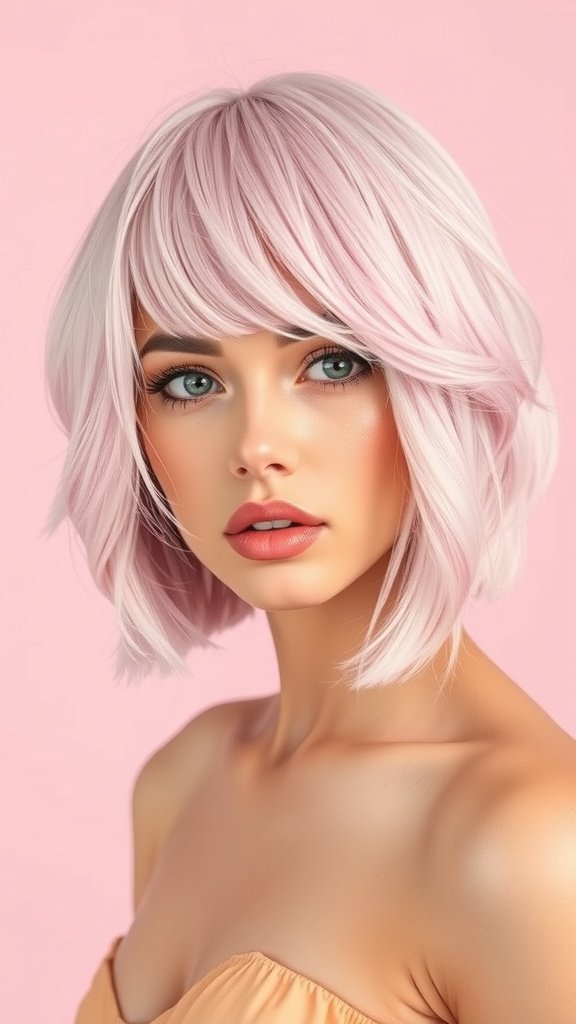 A woman with a pastel pink bob haircut styled in loose waves, set against a pink background.
