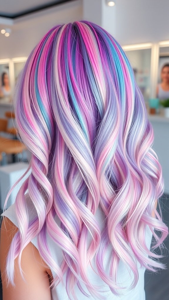 A hairstyle featuring pastel unicorn stripes in pink, blue, and lavender colors.