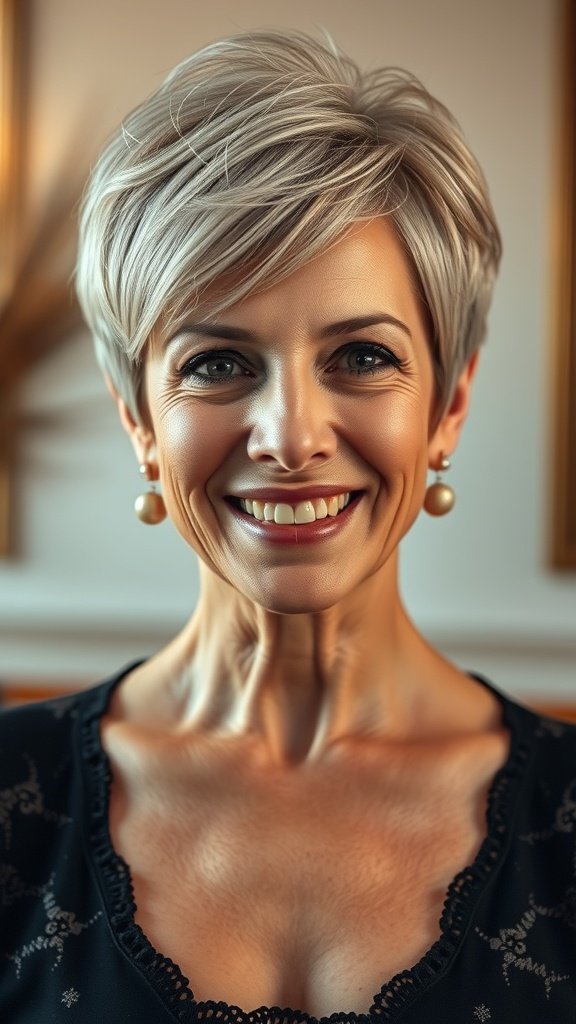 A woman with a pixie cut and long side bangs, smiling confidently.