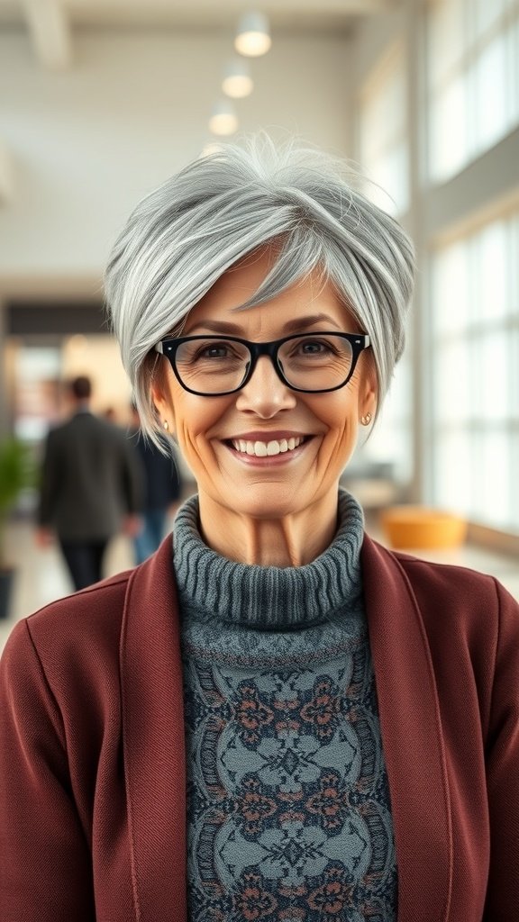 A woman over 50 with a pixie haircut and long side bangs, wearing glasses, smiling confidently.