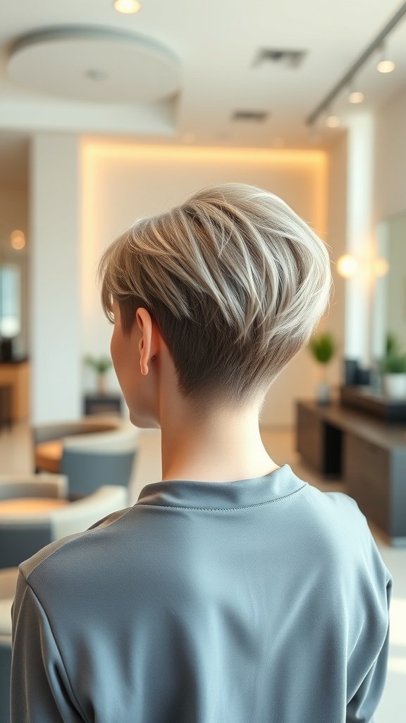 A stylish pixie haircut featuring a sculpted back and voluminous top, showcasing a modern and elegant look.